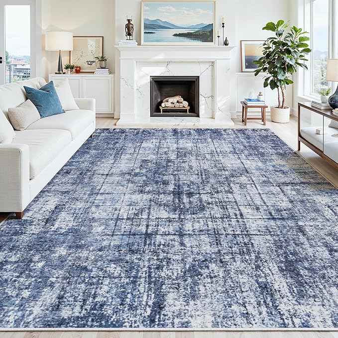8x10 Area Rugs for Living Room Washable Rug: Anti-Skid Abstract Modern Living Room Rug Soft Thin Carpets Indoor Floor Non-Shedding Carpet for Bedroom Dining Farmhouse Nursery Navy Light Gray