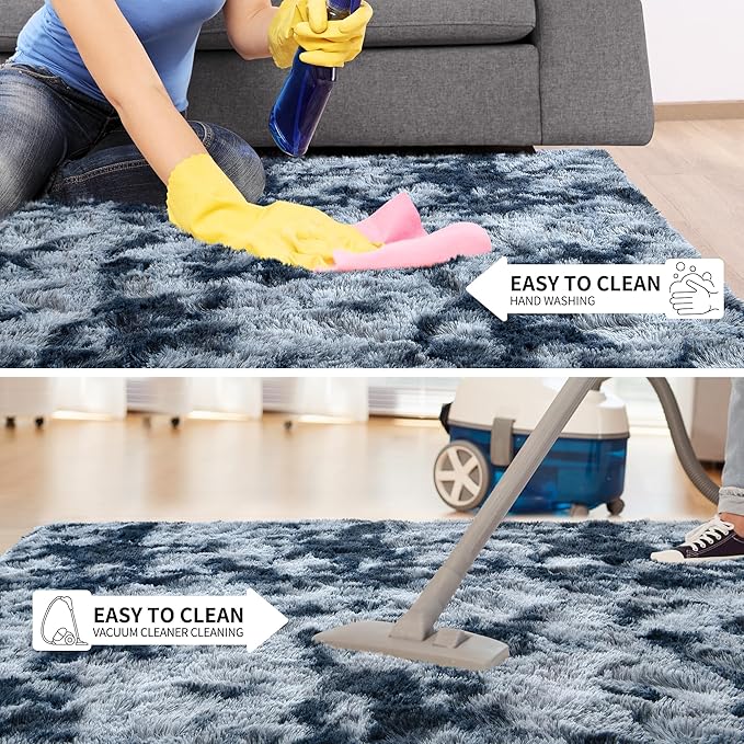 Tepook Fluffy Large Rugs for Living Room, Area Rug 6x9 Soft Carpet for Bedroom, Modern Shaggy Rug for Kids Boys Girls, Plush Indoor Nursery Home Decor Rug with Non-Slip Bottom, Tie-dye Dark Blue