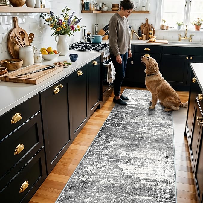Washable 2X10 Kitchen Area Rug: Entryway Abstract Rug Runner Soft Bedroom Besides Floor Mat Non-Slip Indoor Farmhouse Carpet for Bathroom Living Room Stain Resistant Runner for Family(2x10,Black/Grey)