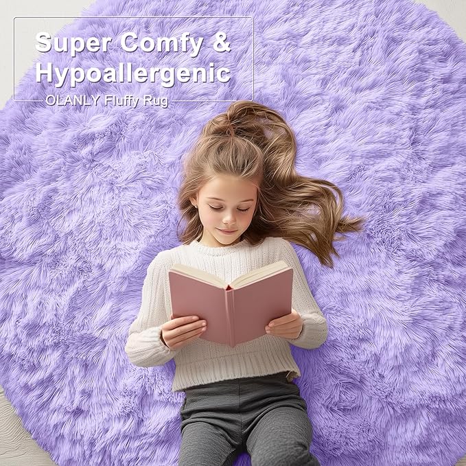 OLANLY Light Purple Round Rugs for Bedroom - Machine Washable, 3 ft Circle Area Rugs for Living Room, Soft and Fluffy Shaggy Carpet for Teen Girls and Boys, Nursery Rooms, Dorms, Home Decor Aesthetic