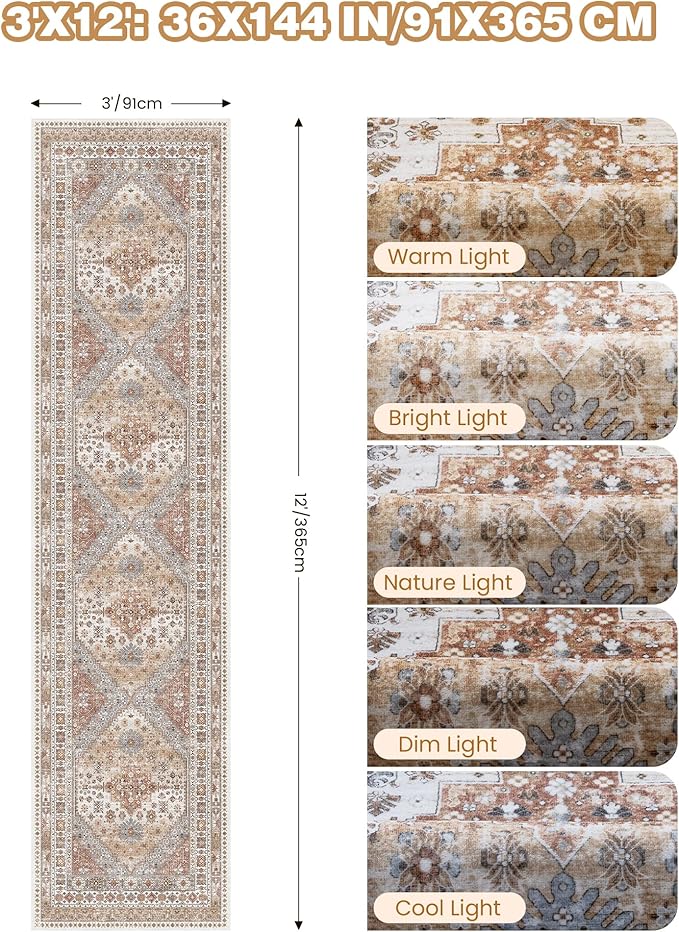 3x12 Runner Rug for Hallway, Non-Slip Long Bathroom Rugs Runner for Kitchen, Living Room, Bedroom, Soft Vintage Washable Rug for Entryway, Thin Floor Mat for Dining Room(Orange,3'x12')