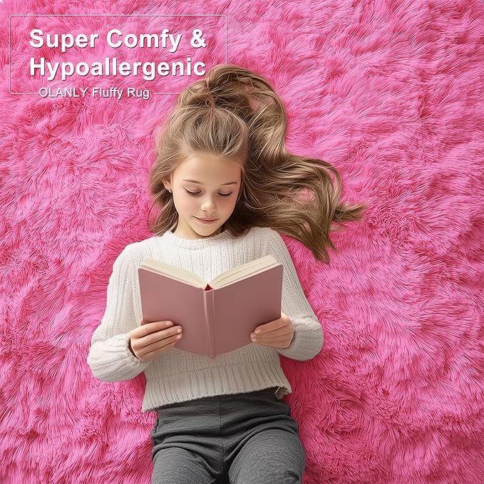 OLANLY 2x6 Machine Washable Runner Rugs for Hallway, Soft Fluffy Shaggy Bedside Rugs for Bedroom, Living Room, Indoor Floor Carpet for Kids Girls Boys, Nursery Rooms, Home Decor Aesthetic, Hot Pink