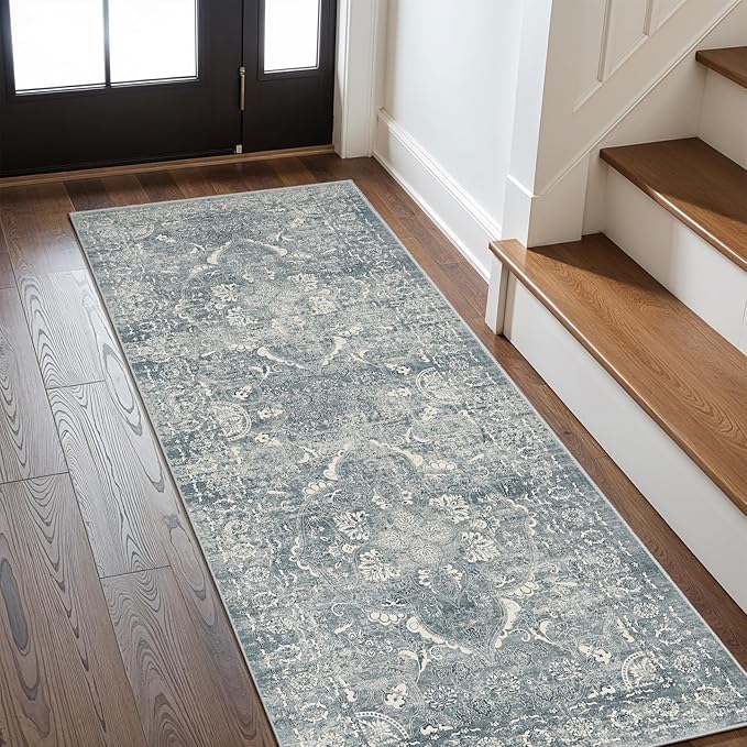 Hallway 2x6 Runner Rug - Vintage Non-Slip Long Rug for Entryway Low-Pile Washable Medallion Runner for Hallway Waterproof Traditional Indoor Thin Rugs for Kitchen (Blue)