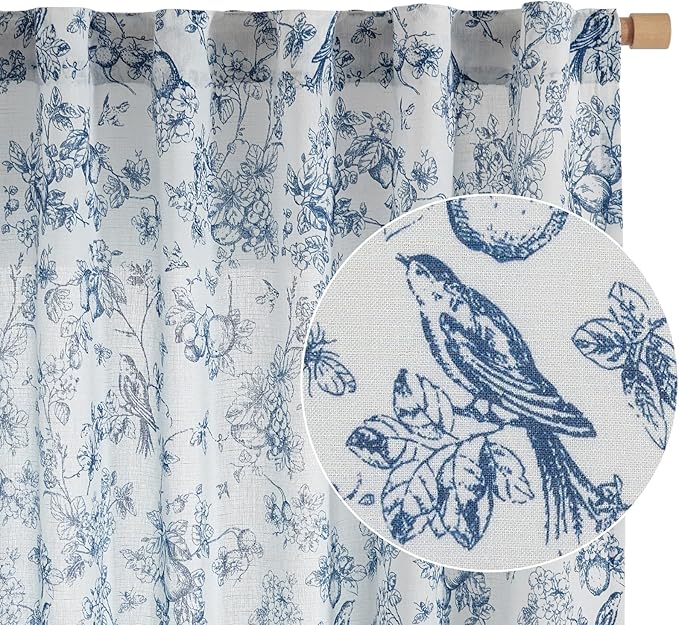 jinchan Linen Floral Curtains for Living Room 63 Inch Length Blue Printed Flower French Country Curtain Farmhouse Cottage Core Toile Curtains Back Tab Light Filtering Window Drapes Set 2 Panels