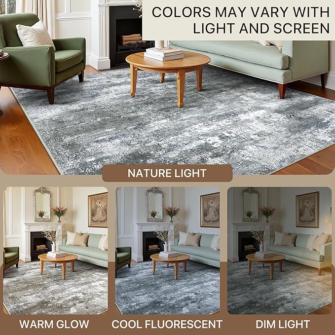 Area Rugs 8x10 for Living Room Bedroom, Modern Abstract Machine Washable Rug, Large Soft Low Pile Floor Carpet with Non Slip Backing for Dining Room, Silver Grey