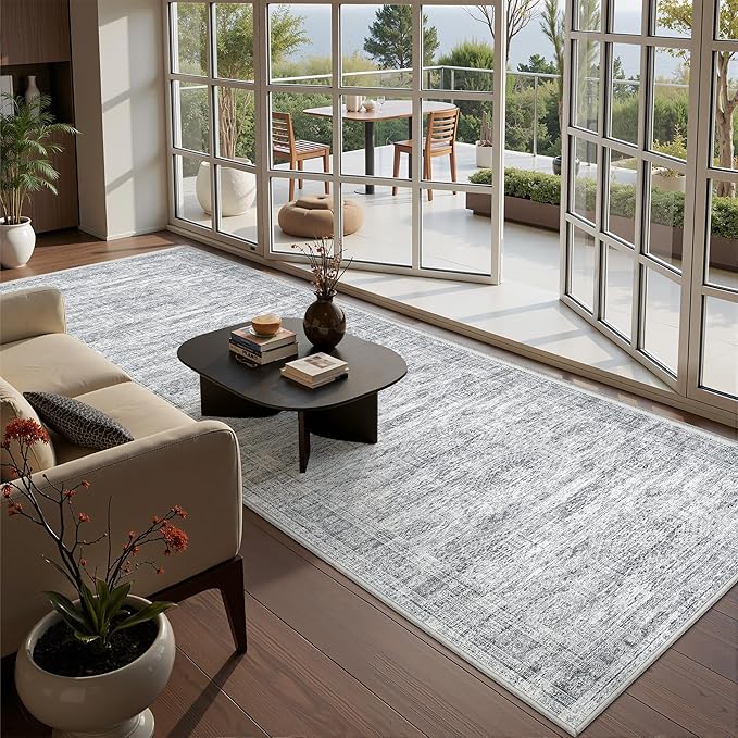 Kitchen Runner Rugs Non Skid Washable - 2.5 x 10 Runner Rug with Anti Slip Backing, Ultra-Thin Soft Rug Runner for Hallway, Bedroom, Living Room (2.5'x10', Grey/Ivory)