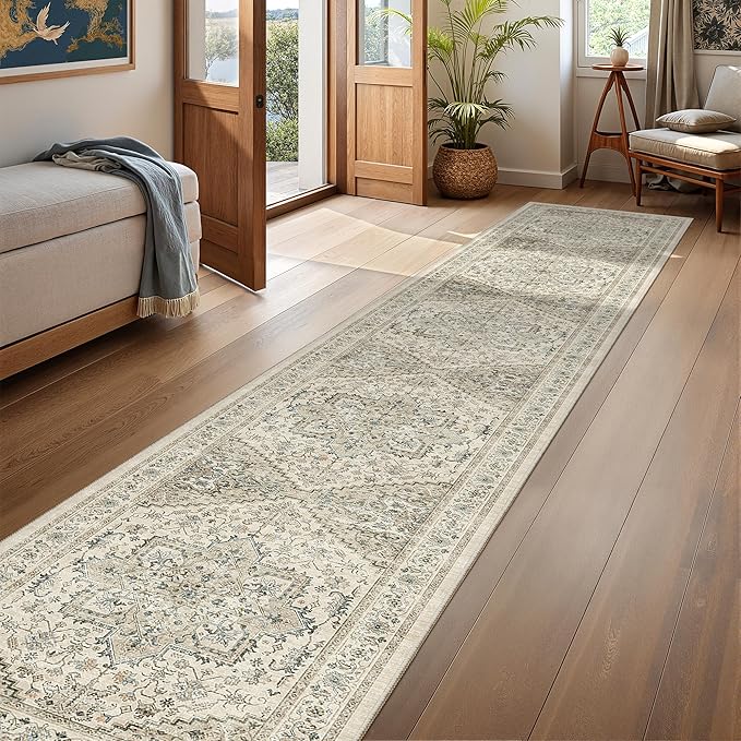 Hallway Runner Rug 2x12, Extra Long Washable Runner Rugs with Rubber Backing, Non Slip Runner, Vintage Rug Runners for Kitchen Laundry Room Entryway (Brown/Beige,2'x12')