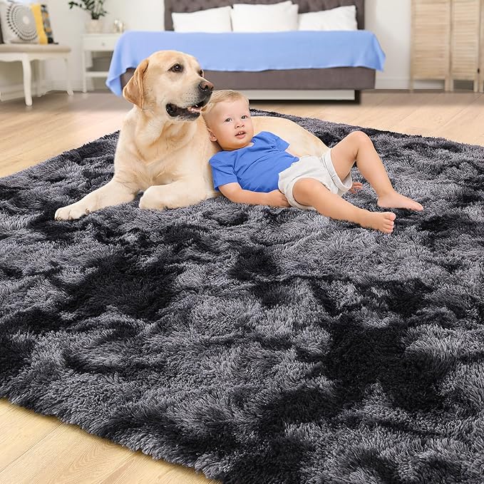 Tepook Soft Fluffy Rugs for Living Room, 5x7 Shaggy Area Rug for Bedroom, Modern Shag Rug Fuzzy Carpets for Kids, Plush Indoor Nursery Home Decor Rug with Non-Slip Bottom, Tie-dye Dark Grey