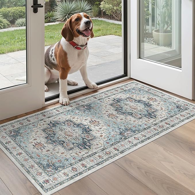Madane Washable Area Rug 2x4, Small Entryway Rug Non-Slip Vintage Door Mat Indoor Entrance, Low Pile Floor Carpet Runner for Inside Front Door Kitchen Entry Laundry, Blue