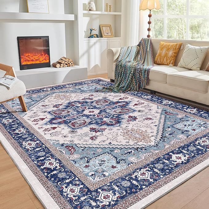 OPPODREAM Soft 8x10 Area Rugs, Washable Rugs 8x10 with Non Slip Backing, Faux Cashmere Low-Pile 8 x 10 Carpet, Navy Blue & Red & Cream