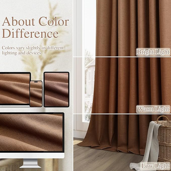 Guken Caramel Brown 100% Blackout Linen Curtains 120 Inch Length 2 Panels Set for Living Room Bedroom Back Tab/Rod Pocket Thermal Insulated Black Out Drapes Room Darkening Farmhouse Window Curtains
