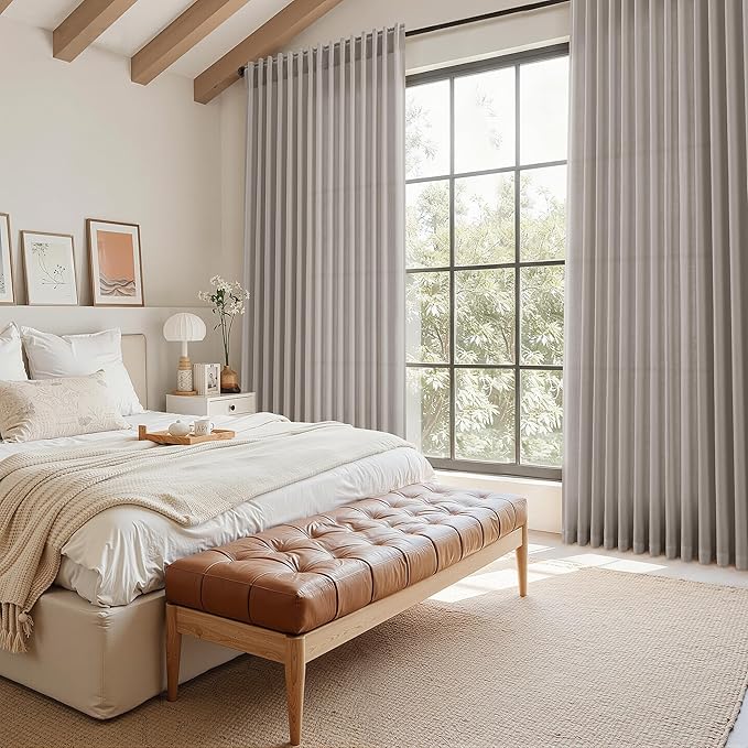 Nanspring Stone Grey Linen Curtains 102 Inches Long for Living Room Simple Modern Light Filtering Semi Sheer Curtain Back Tab and Rod Pocket Neutral Luxury Drapes for Bedroom Office 52x102, 2 Panels