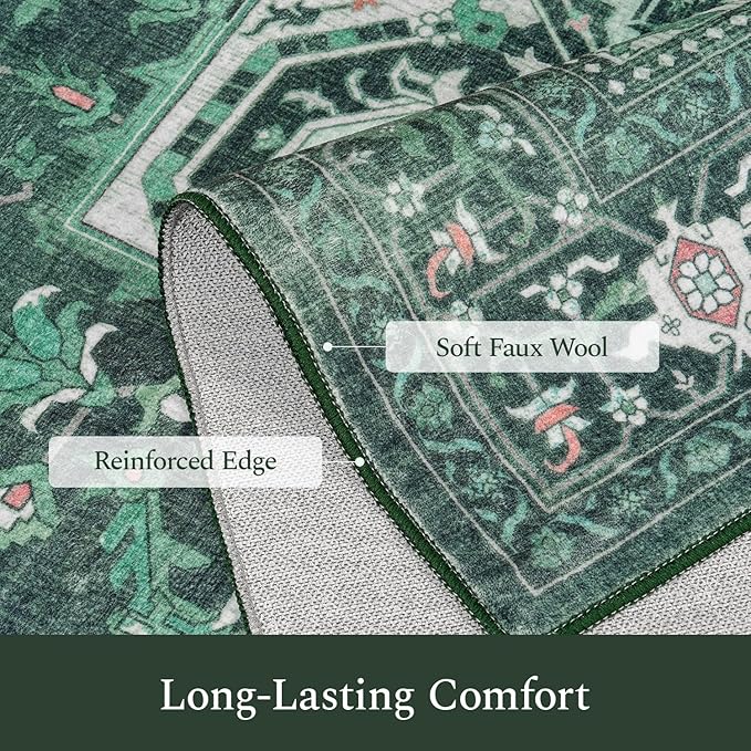 Rugflix 8x10 Area Rugs for Living Room, Machine Washable Rug Non Slip Stain Resistance, Large Rug Vintage Distressed Soft Carpet for Bedroom, Dining Room, Home Office, Green