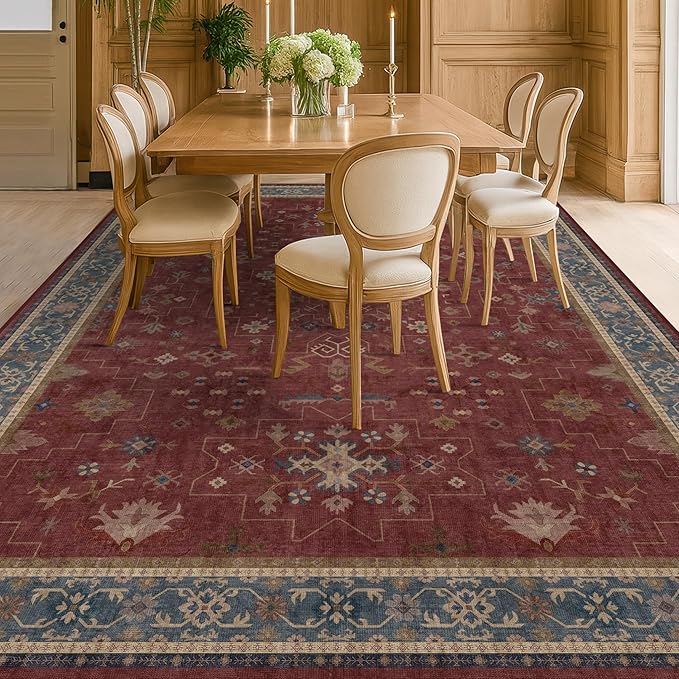 Hazo Haus Moroccan Big Rugs for Living Room - Dark Red 10x14 Area Rug for Large Bedroom, Dining Room, Washable Lightweight Low Pile Foldable Oriental Burgendy Home Décor