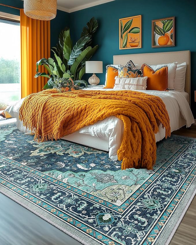 RELEANY Area Rugs 10'x12' Washable Non-Slip, Floral Vintage Distress Print Pattern Medallion Carpet for Living Room Bedroom Dining Room, Teal Green Lake Blue Turquoise