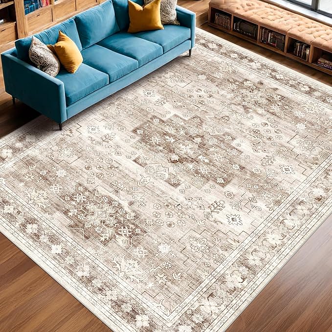 Washable Neutral Farmhouse Living Room Rug, 6x9 Area Rugs for Bedroom, Dining Room Under Table Carpet, Kids Room, Large Boho Vintage Non-Slip Floral Rugs Low Pile Stain Resistant (6x9 Beige/Latte)