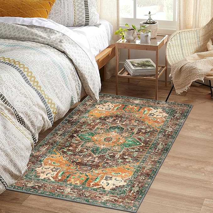 Yamaziot Washable Area Rug for Bedroom, 3x5 Non-Slip Boho Vintage Living Room Rug with Rubber Backing, Low Pile Faux Wool Soft Distressed Rug Floor Carpet for Living Room, Laundry, Kid Playroom