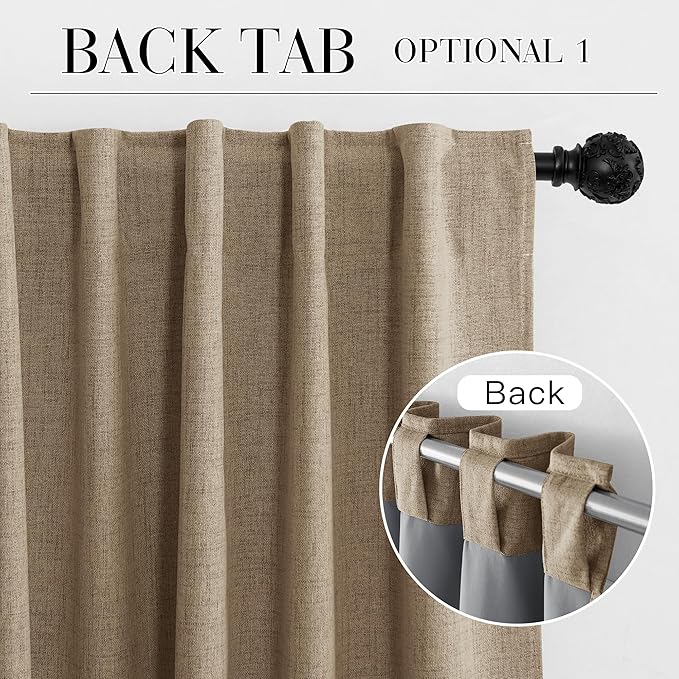 RYB HOME Burlap 100% Blackout Linen Curtains 72 inch Long, Thermal Insulated & Privacy Assurd Drapes for Bedroom/Office/Nursery, Rod Pocket & Back Tab Window Treatment, W52 X L72, 2 Panels