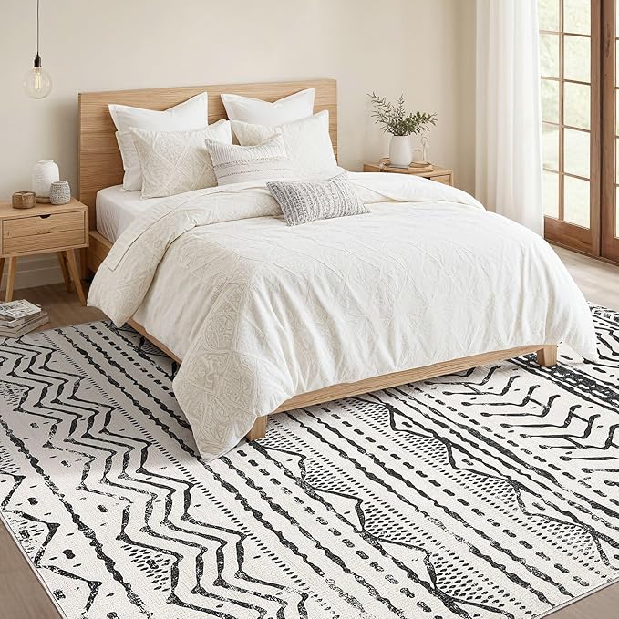 Nakagishi Black Rug Living Room Rugs: 9x12 Machine Washable Boho Large Neutral Modern Soft Moroccan Stain Resistant Indoor Floor Non Slip Accent Carpet for Bedroom Nursery Kids Playroom Office