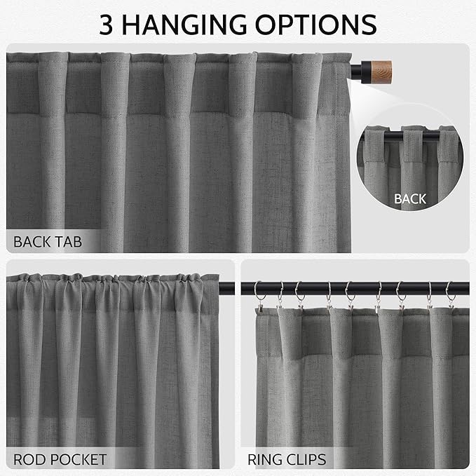 Nanspring Blazer Grey Cutains Morden Linen Blend Light Filtering Back Tab Curtains for Long Winodws 120 Inches Length, Semi Sheer Privacy Extra Long Drapes for Living Room, 52x120 inch, 2 Panels