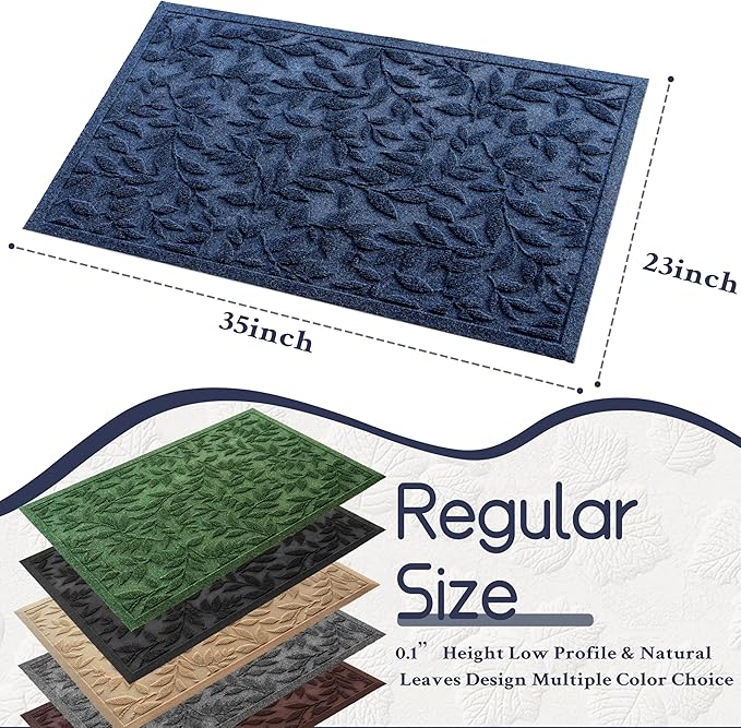 Blue Leaves Outdoor Indoor Entrance Doormats, Absorbent Durable Heavy Duty Welcome Front Door Mat,Thick Natural Rubber Back,Easy Clean Entryway Mat 23x35 Inch, Low Profile