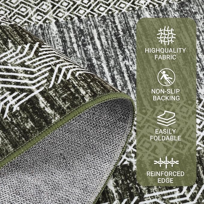 GarveeHome 9x12 Large Modern Green Area Rug Distressed Bordered Rug Soft Non Shedding Floor Carpet, Geometric Rug, Washable Non Slip Rug, Low Pile Indoor Area Rug for Living Room, Bedroom