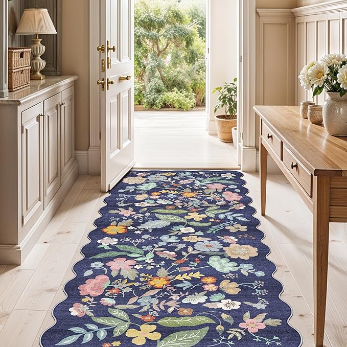 2x5 Washable Hallway Runner Rug: Stain Resistant Floral Scalloped Kitchen Rug Farmhouse Soft Carpet for Bathroom Bedroom Laudry Entryway Floor Mat with Non Slip Backing Cute Home Decor(2x5,Purple)