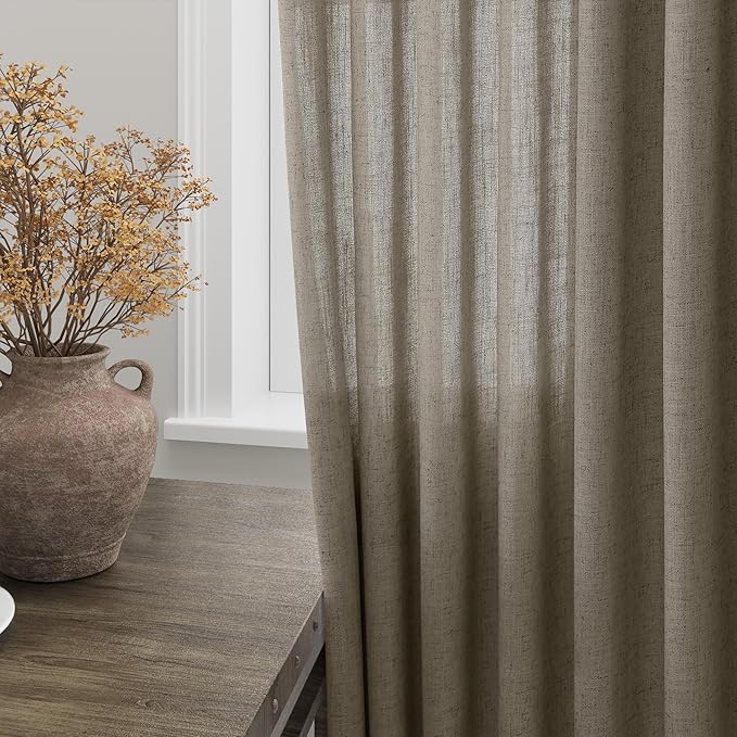 Mocha Linen Curtains 90 Inch Length 2 Panels Set for Living Room Rod Pocket Back Tab Window Drapes Light Filtering Modern Farmhouse Curtain 90 Inches Long for Dining Room Bedroom Nursery 52x90