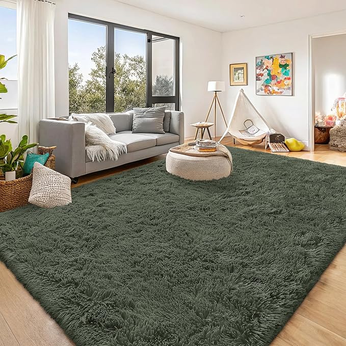 OLANLY 9x12 Machine Washable Large Area Rugs for Living Room, Bedroom, Soft Fluffy Shaggy Bedside Rug, Indoor Floor Carpet for Kids Girls and Boys, Dorms, Nursery, Home Decor Aesthetic, Olive Green
