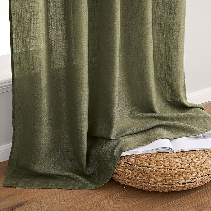 MIULEE Light Olive Green Linen Curtains 63 Inch Length 2 Panels for Bedroom Living Room, Soft Linen Textured Natural Kitchen Window Drapes Semi Sheer Light Filtering Back Tab Rod Pocket Burlap Look