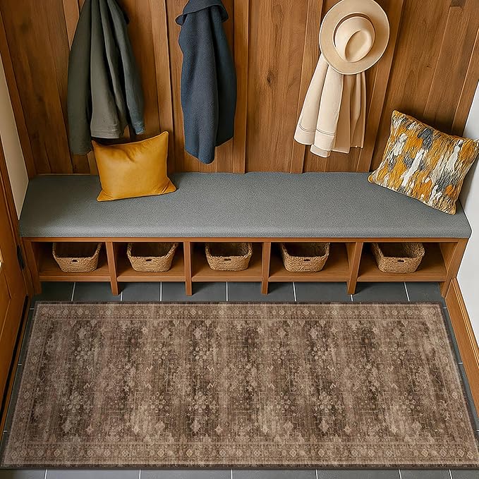Brown 2x5 Entryway Runner Rugs, Small Runners for Kitchen, Door Mat Indoor Entrance, Bathroom, Non-Slip Low-Pile Washable Stain Resistant, Vintage Taupe Earthy Decor