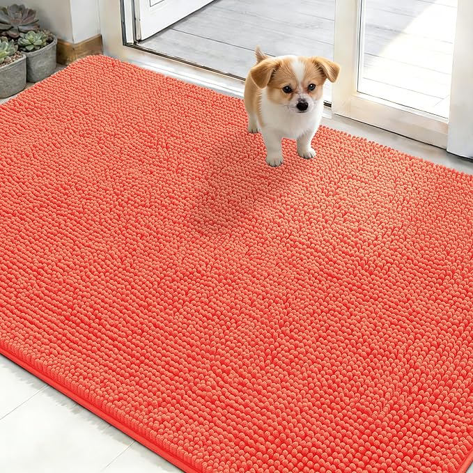 OLANLY Dog Door Mat for Muddy Paws 50x30, Absorbs Moisture and Dirt, Absorbent Non-Slip Washable Doormat, Quick Dry Chenille Mud Mat for Dogs, Entry Indoor Entryway Carpet for Inside Floor, Coral