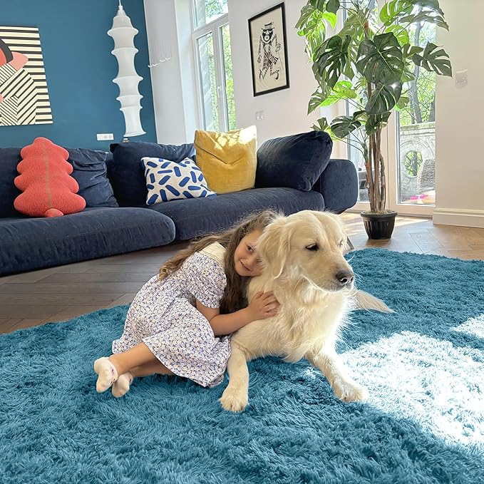 OLANLY 5x7 Machine Washable Large Area Rugs for Living Room, Bedroom, Soft Fluffy Shaggy Bedside Rug, Indoor Floor Carpet for Kids Girls and Boys, Dorms, Nursery, Home Decor Aesthetic, Slate Blue