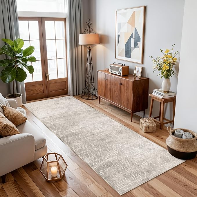 Hallway 2x8 Washable Runner Rug: Abstract Stain Resistant Entryway Kitchen Area Rugs Farmhouse Soft Bathroom Bedroom Print Floor Mat Thin Non-Slip Indoor Carpet for Living Room Laudry(2x8,Beige/Cream)