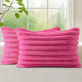 decorUhome Summer Cozy Faux Fur Throw Pillow Covers 12x20 Set of 2 Decorative Soft Plush Striped Lumbar Modern Farmhouse Boho Couch Pillow Cases with Velvet Back for Sofa Bed Living Room, Hot Pink