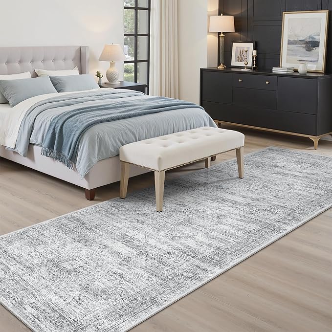 Washable Runner Rug, 2'6" x 8' Non-Slip Kitchen Vintage Foldable Hallway Runners for Entryway, Laundry, Bedroom, Grey