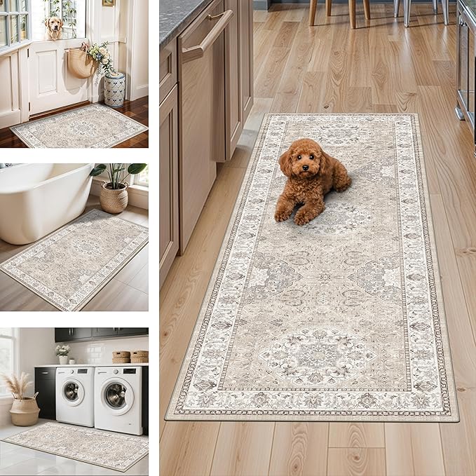Washable Kitchen Rug Set of 3: Boho Non-slip Soft Stove Sink Mat Light Weight Stain Resistant Carpet for Dog Bowl Area Comfort Tile/Hardwood Floors Protection Mat for Entryway Foyer(2x3+2x4+2x5,Beige)