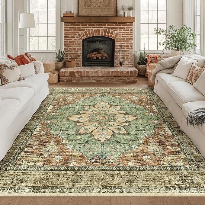 Area Rugs Square 8ft Washable Non-Slip, Floral Vintage Distress Print Pattern Medallion Carpet for Living Room Bedroom Dining Room, Brick Red Rust Neutral Brown Burnt Orange Green