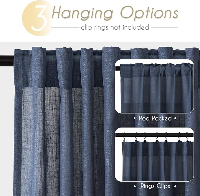 Navy Blue Curtains for Living Room Back Tab Modern Farmhouse Semi Sheer Blue Curtains 72 inches Long 2 Panels Set Muted Neutral Window Curtain for Dining Room Bedroom 60x72
