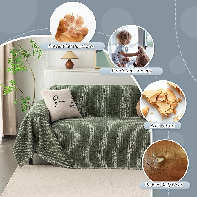 MYSKY HOME Couch Covers for 2 Cushion Couch Sofa, Chenille L Shape Sectional Couch Cover - Pet-Friendly, Machine Washable, Non-Slip Sofa Protector for Dogs, Kids, 71"x118", Moss Green