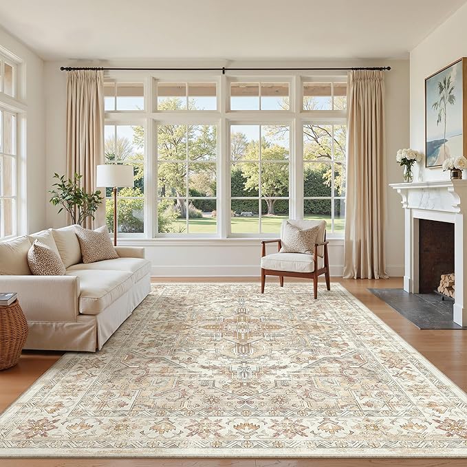 zesthome 5x7 Washable Rug-Stain Resistant Area Rugs for Living Room, Ultra-Thin Vintage Rugs, Non-Slip Backing Rug, Low Pile Large Area Rug, Boho Home Decor