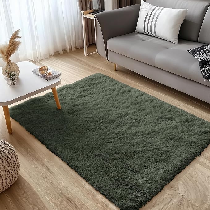 OLANLY 3x5 Machine Washable Small Bedside Rug, Soft Fluffy Shaggy Rugs for Living Room, Bedroom, Indoor Floor Carpet for Kids Girls and Boys, Preppy Dorms, Nursery, Home Decor Aesthetic, Olive Green