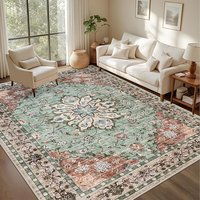 8x10 Area Rugs for Living Room: Washable Rug Soft Vintage Distressed Floral Carpet Indoor Floor Non-Slip Stain Resistant Large Carpets for Bedroom Dining Room Farmhouse Nursery Home Office Brown Green