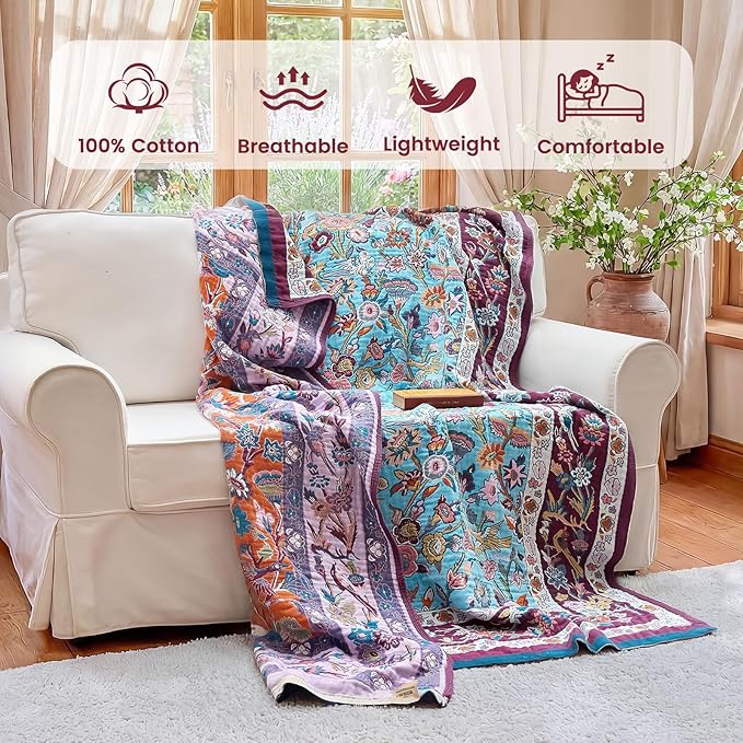 MSGKV Boho Throw Blanket for Couch 50"x60" 100% Cotton Sofa Floral Bird Blanket Spring Breathable Lightweight Muslin Home Decorative Blankets