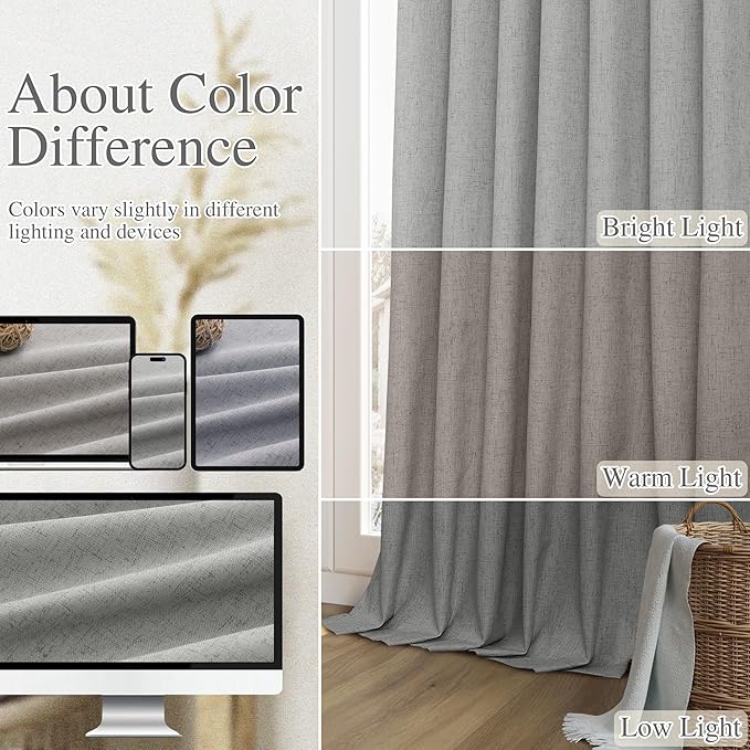 Guken Dark Grey 100% Blackout Linen Curtains 63 Inch Length 2 Panels Set for Living Room Bedroom Back Tab/Rod Pocket Thermal Insulated Black Out Drapes Room Darkening Farmhouse Window Curtains