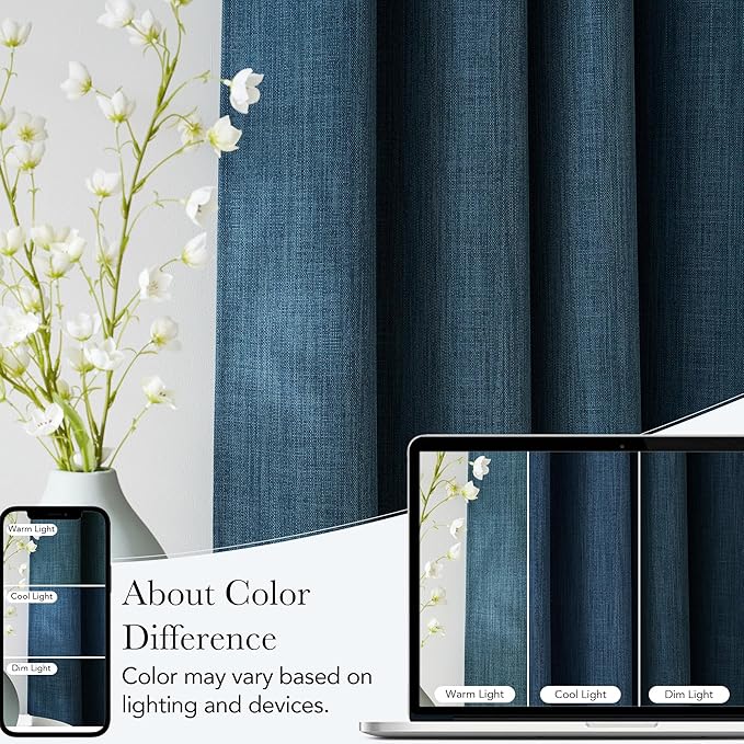 NICETOWN Stone Blue Faux Linen Room Darkening Rod Pocket Curtains 63 inch Length, W42 x L63, Light Blocking Thermal Insulated Noise Reducing Drapes for Bedroom Living Room Farmhouse Decor, 2 Panels