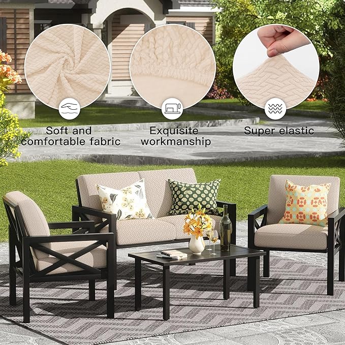 8Pcs Outdoor Cushion Covers, Patio Cushion Covers,Stretch Elastic Slipcovers, Replacement Washable Furniture Protector for Patio Couch,Thick Jacquard Textured Twill Fabric(Mustard Yellow,Cover Only)