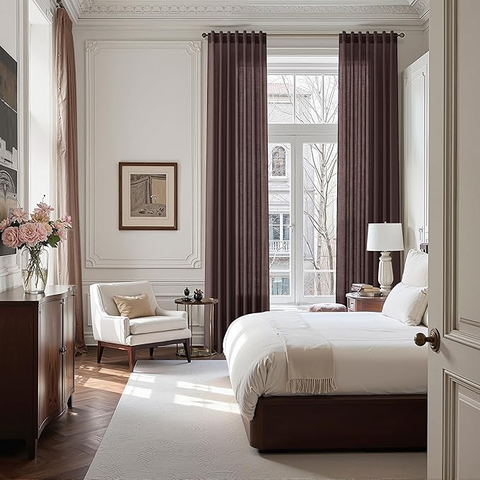 Coffee Brown Linen Curtains 132 Inch Length for Living Room Light Filtering Semi Sheer Curtain Back Tab Modern Rustic Home Decor Neutral Drapes Floor to Ceiling High Window for Bedroom 52x132,2 Panels