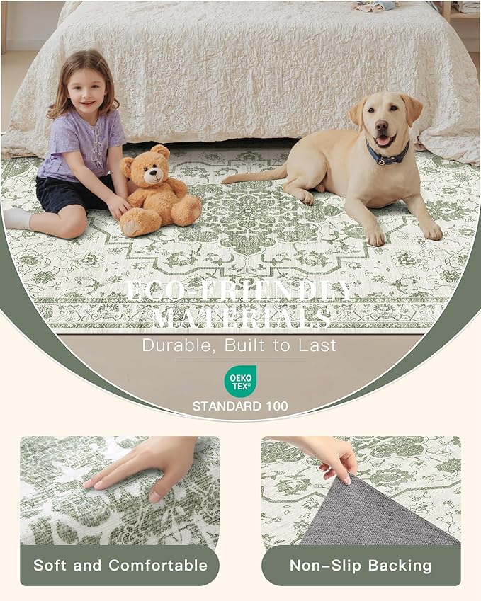 Madane 9x12 Area Rugs for Living Room, Machine Washable Vintage Green Rug with Non-Slip Backing, Soft Throw Large Rug, Thin Carpet for Bedroom Dining Room Farmhouse Under Table, Green/Ivory