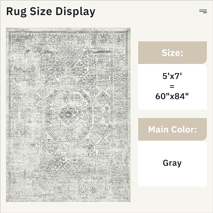 5x7 Area Rugs Grey Low Pile Indoor Washable Trendy Faded Style Floral Rugs for Bedroom Living Room Dining Room Foldable Non-Slip Thin Print Mat